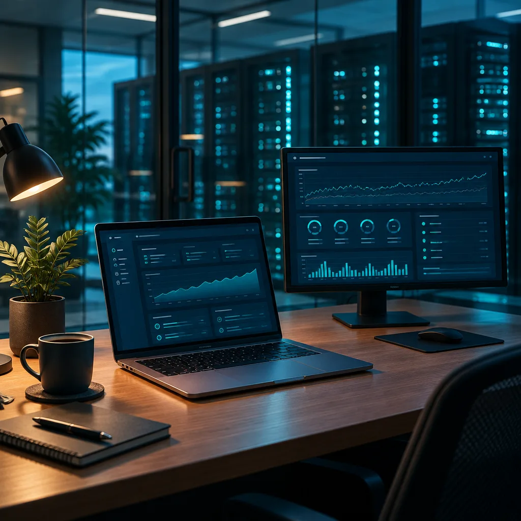 Arbeitsplatz mit Laptop und Monitor, im Hintergrund Server-Racks